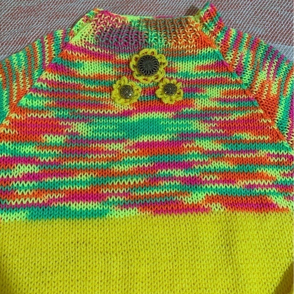 Handmade Knit Yellow Neon Flower Detail Mock Neck Sweater - Picture 2 of 11